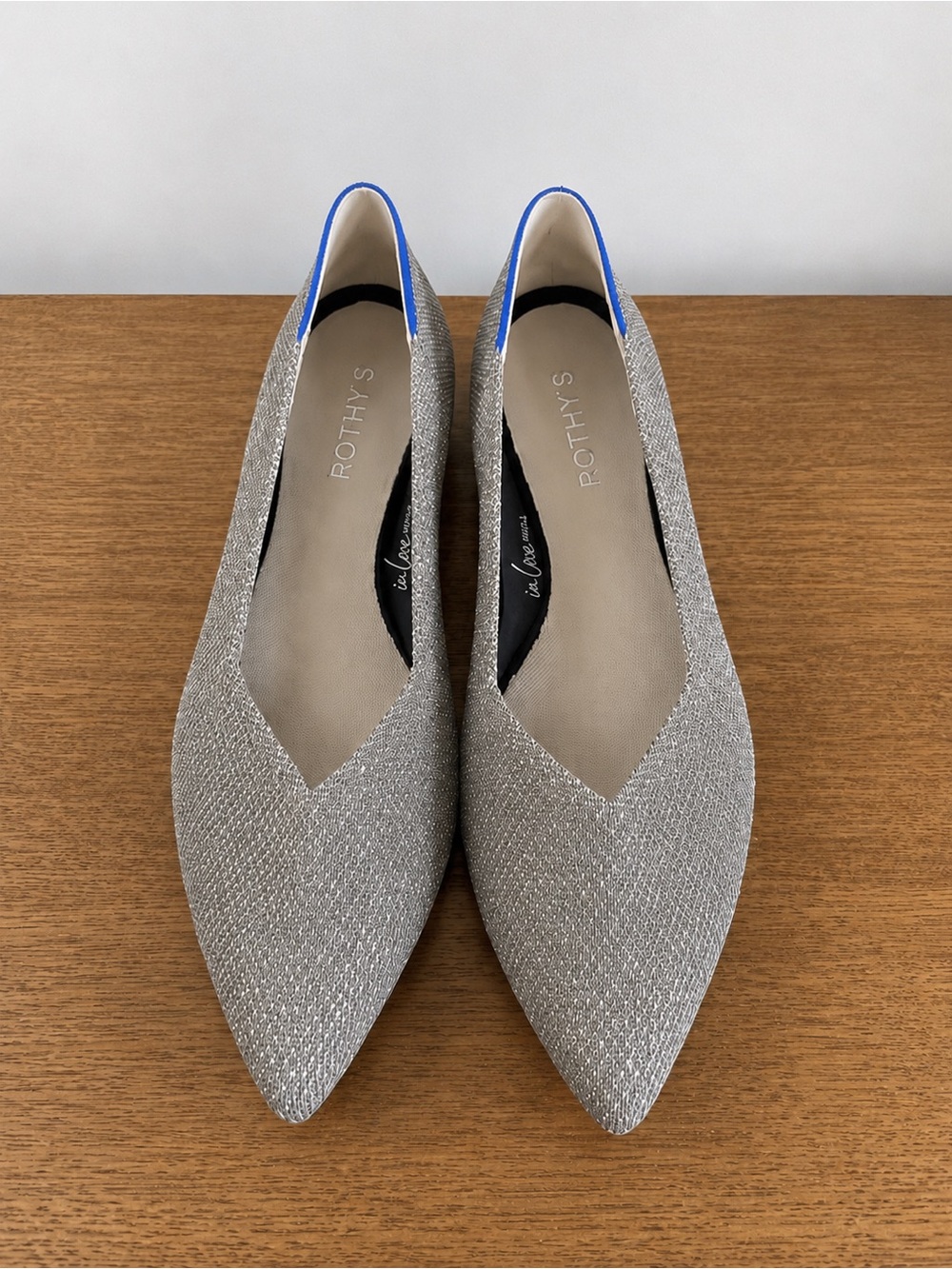 Rothy's Gold Chantilly Pointed Knit Flat with Blue Heel Trim
